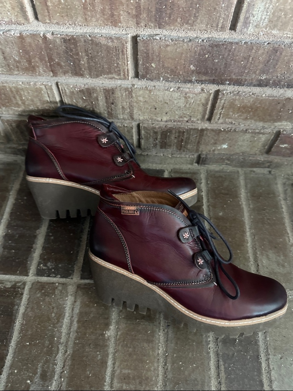 Pikolinos Maple Burgundy Leather Wedge Booties Artisan Detail NWOB EU 39 Boho